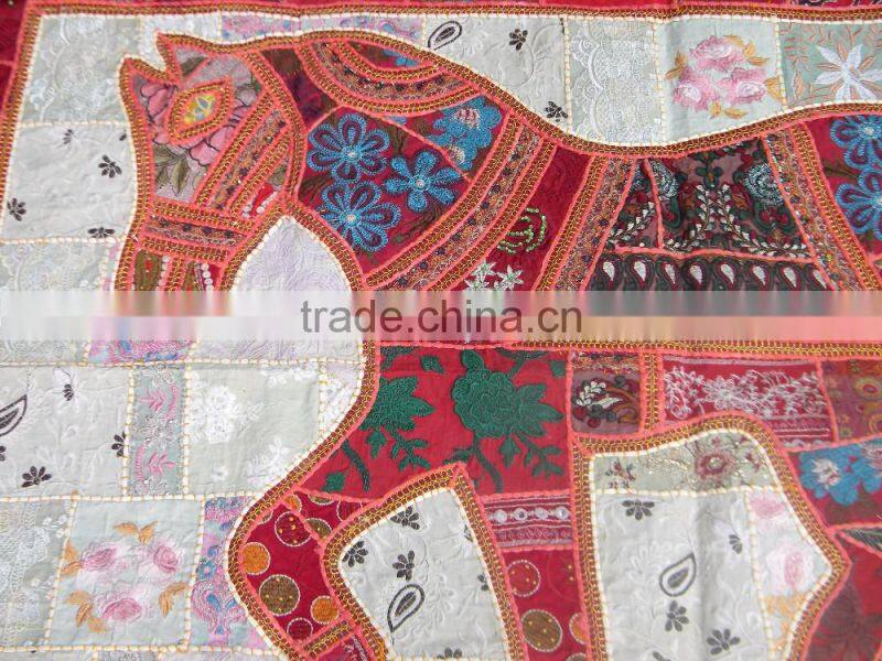 Indian Old Fabric Wall Decor With Horse Figure - Handworked Cotton Fabric Patchwork Wall Hanging Tapestry