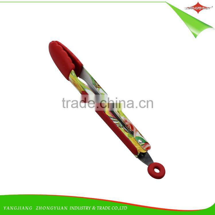 ZY-H2012 pretty design 9-inch BBQ silicone food tong ice tongwith beautiful flower printed handle