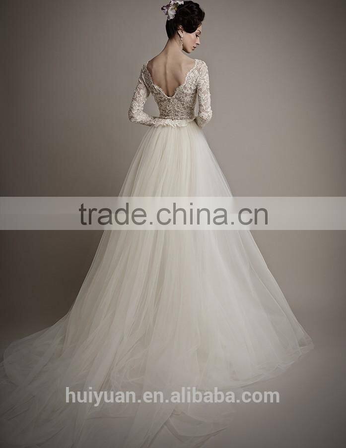 flowing tulle full lace long sleevecolorful muslim wedding dress