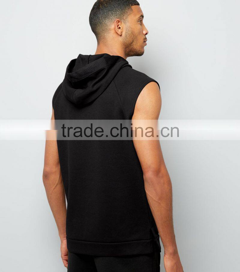 Black Sleeveless Running Hoodie Single Pocket Front Soft Jersey Fabric Fashion Men Tops Custom Made