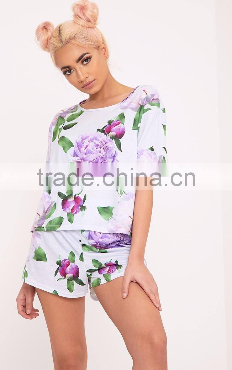 Custom Print Women Floral Print Grey Full Printing Flowers Ladies Pyjama Set Digital Printed Pajama Set