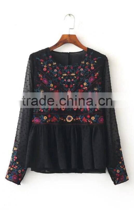 Runwaylover EY2364B Ladies Fashion 2017 Full Embroidery Chiffon Transparent Blouse