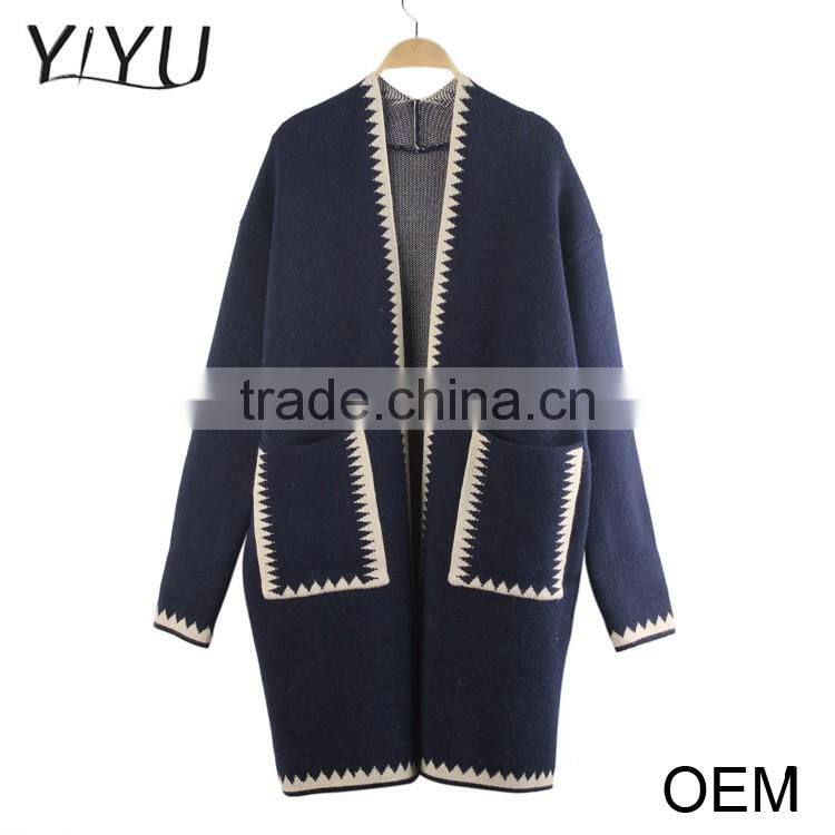 Cheap Ethnic women winter jacquard sweater long sleeve open collar cardigan with pocket