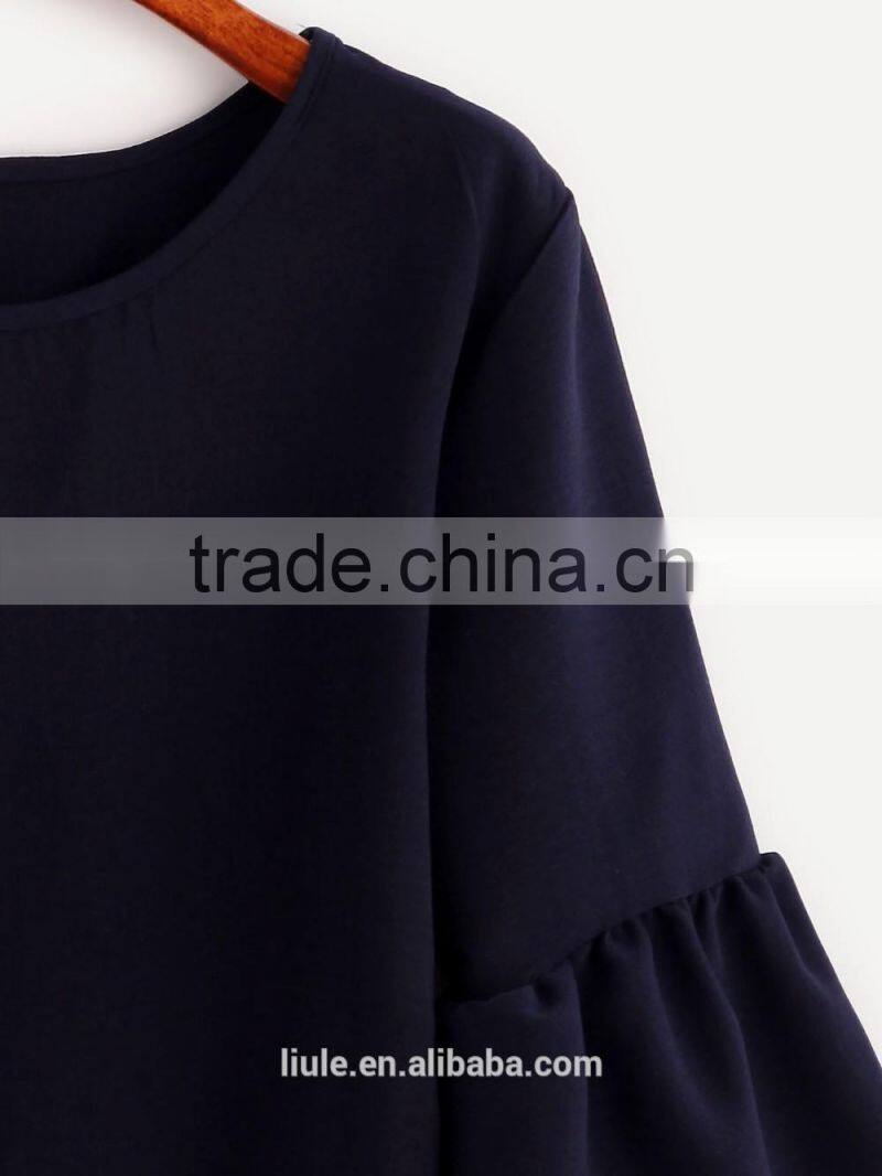 Fashionable ladies tops latest design ruffle flounced sleeves casual blouse for women