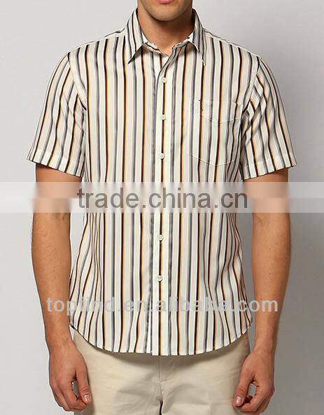 Fashion casual 100% cotton summer stripe short sleeve men shirts