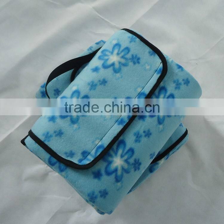 Blue fleece nylon polyester with handle travel waterproof foldable blanket
