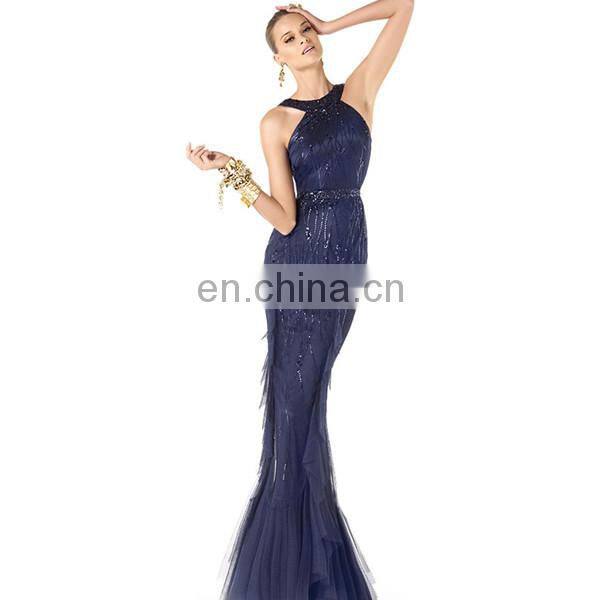 HC4241 The Whole Sale Mermaid Sleeveless Applique Jewelry Halter Shinny Sequins Beaded Mermaid Royal Blue Dubai Long Dresses
