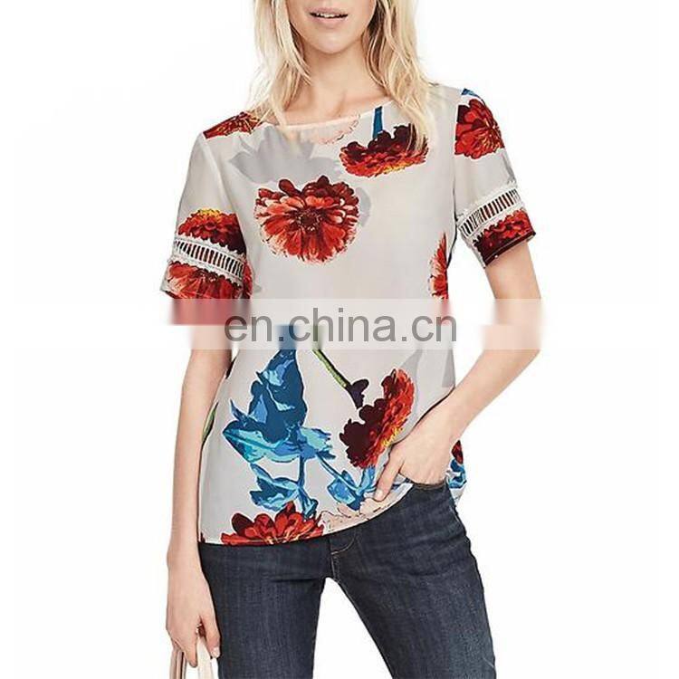 Latest shirt designs female polyester custom print rounded hem t shirt