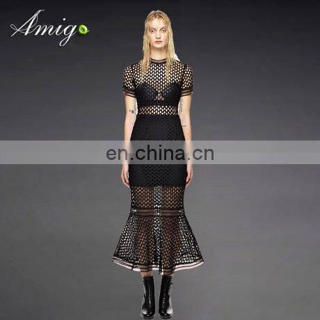 Long merdaid skirt hollow out and tube top inside mesh dress