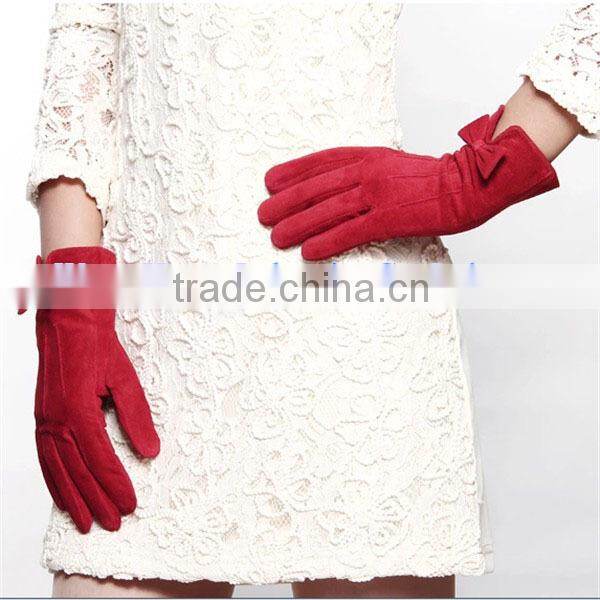 2016 Fashion bow trimmed red long pig suede ladies leather gloves