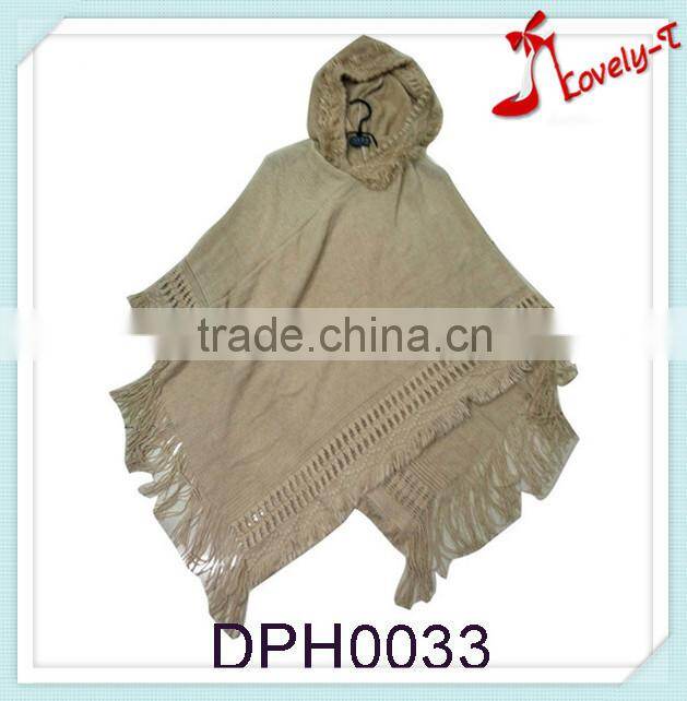 2015winter women fur camel pullover poncho sweater pattern with hat