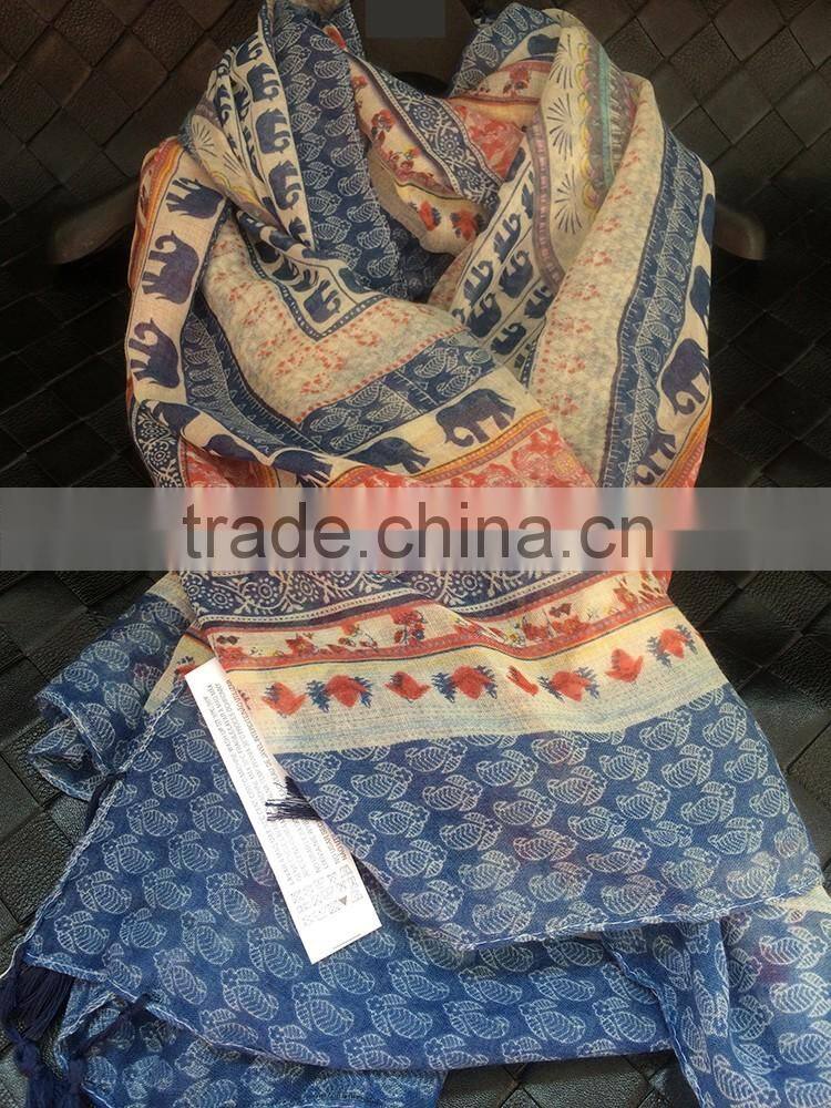 2016 Newest Vintage Blue Small Elephant Printed Women Cotton Scarf with Tassels