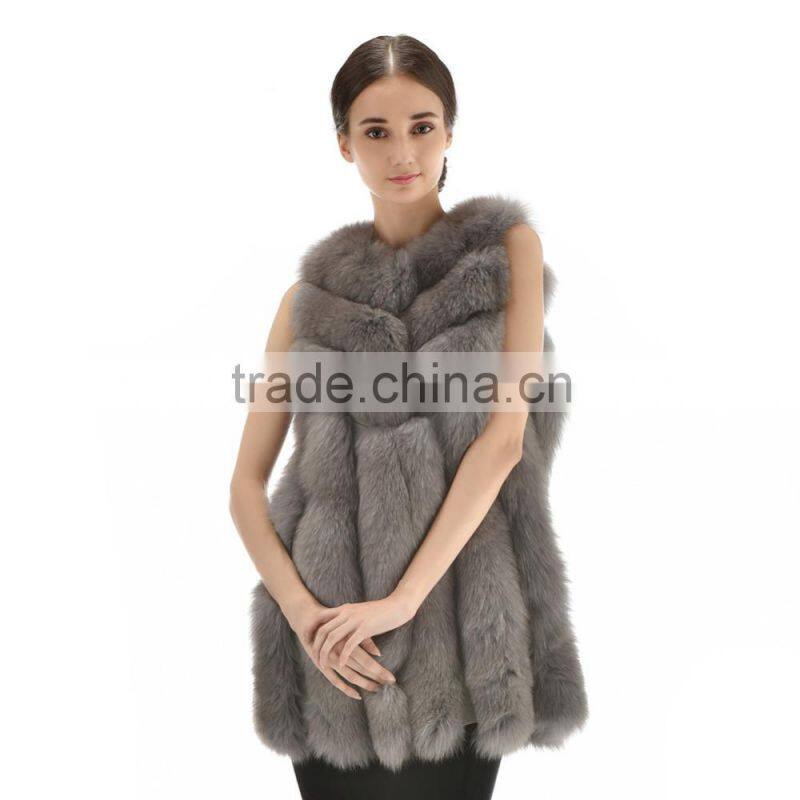 New Arrival Long Style 2015 Luxurious Whole Hide Big Bar Real White Fox Fur Vest With Trimming