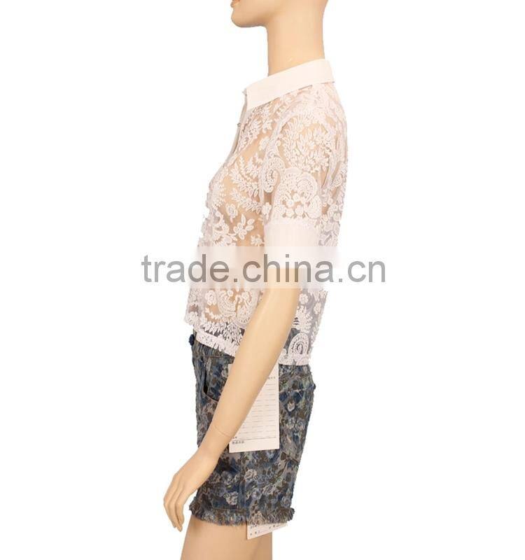 2015 short sleeve ladies tops women white lace blouse