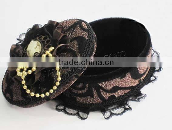 Jewelry Gift Box, Velveteen, with iron chain & Lace & Satin Ribbon & Resin & Zinc Alloy, Oval, brown,