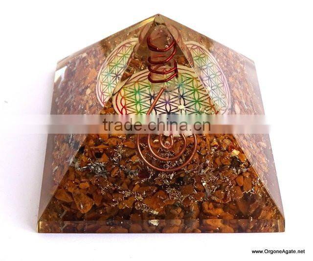 Big Orgonite Yellow Aventurine Pyramid With Flower Of Life Symbol And Crystal Point