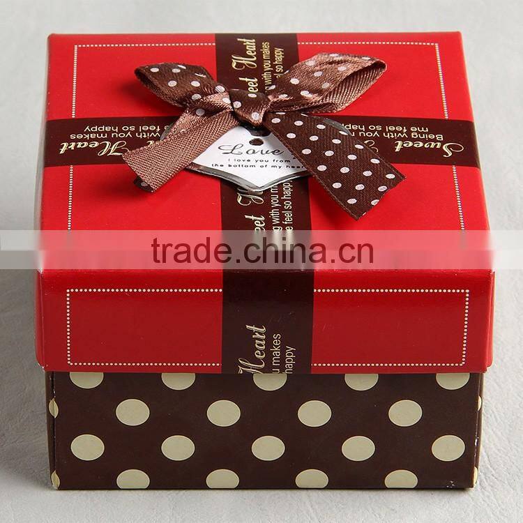 Environmental packing box with coffee color round point printing and silk band flower tie for presents to lovers, friends