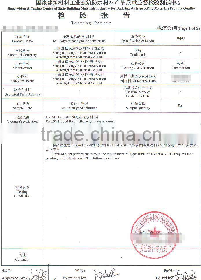 Hydrophobic polyurethane grouting