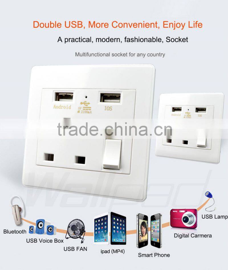 Best Selling Wallpad 110~250V Electric UK Socket with Switch Usb Wall Charger 1000ma USB Power Wall Light Socket with USB Port