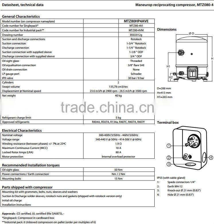(MTZ080-4VM)Cheap Maneurop Commercial Reciprocating Refrigeration Compressor
