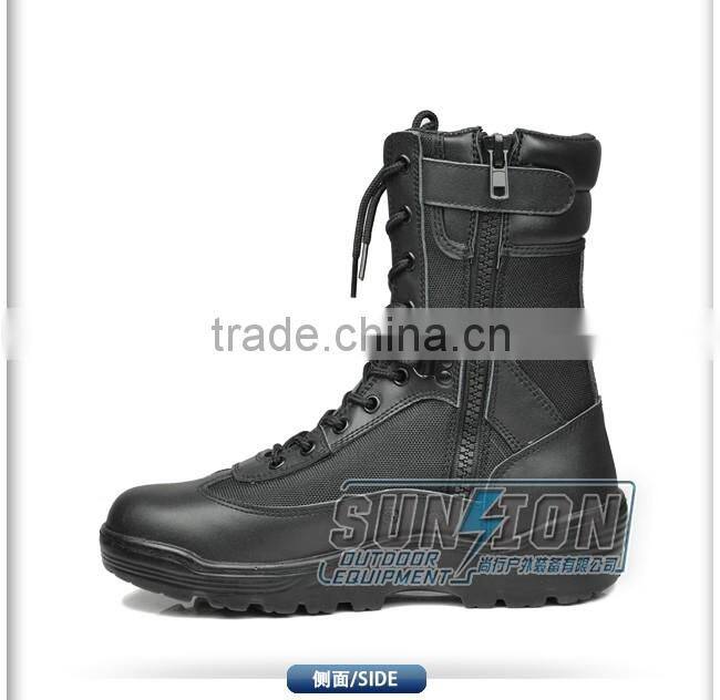 Full black cowhide full grain leather Tactical Boots with Zipper