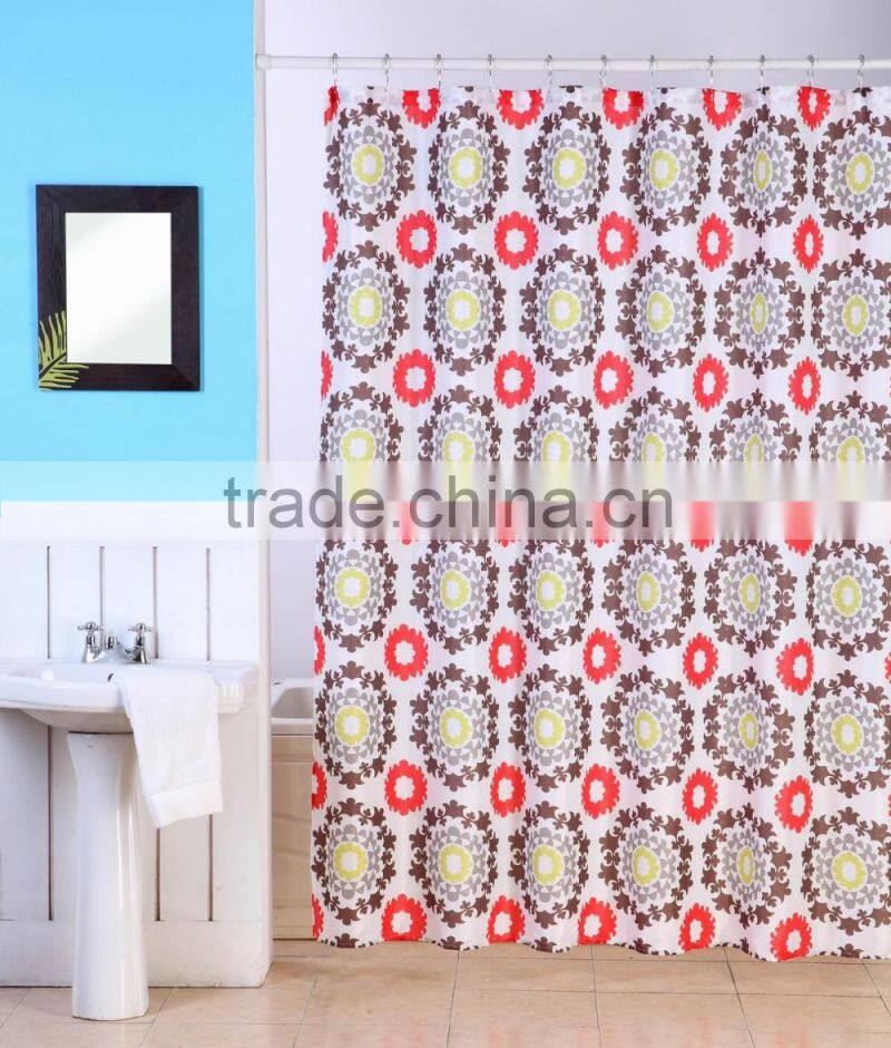 Dobby Printed Polyester Shower Curtain with hooks With Circle Flower Design