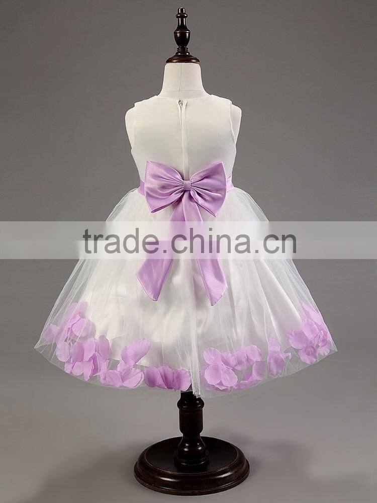 New Cute Sleeveless O-Neck Waist Flower Back Bow Petal Hem Cute Dress Communion Flower Girl Pageant Illusion Petal Dress