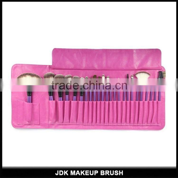 professional 24pcs makeup brush sets with pink PU leather roll bag