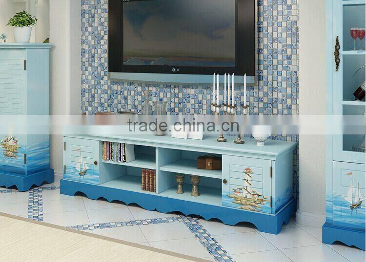 Mediterranean Style TV Cabinet, Sailing Boat Handpainting TV Stand, Solid Wood Living Room TV Cabinet (BF01-X1156)