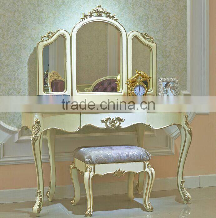 Palace Princess Desser and Stool, Wood Carved Dressing Table and Chair, European Bedroom Furniture Dresser Set (BF01-ML032)