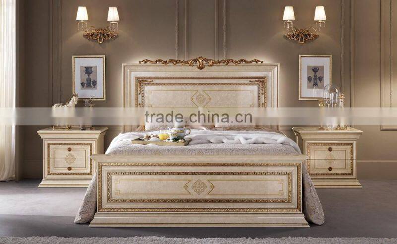 Bisini Luxurious Solid Wood Hand Carved Golden And Beige Complete Bedroom Set/European Classic Bedroom Furniture(MOQ=1 SET)