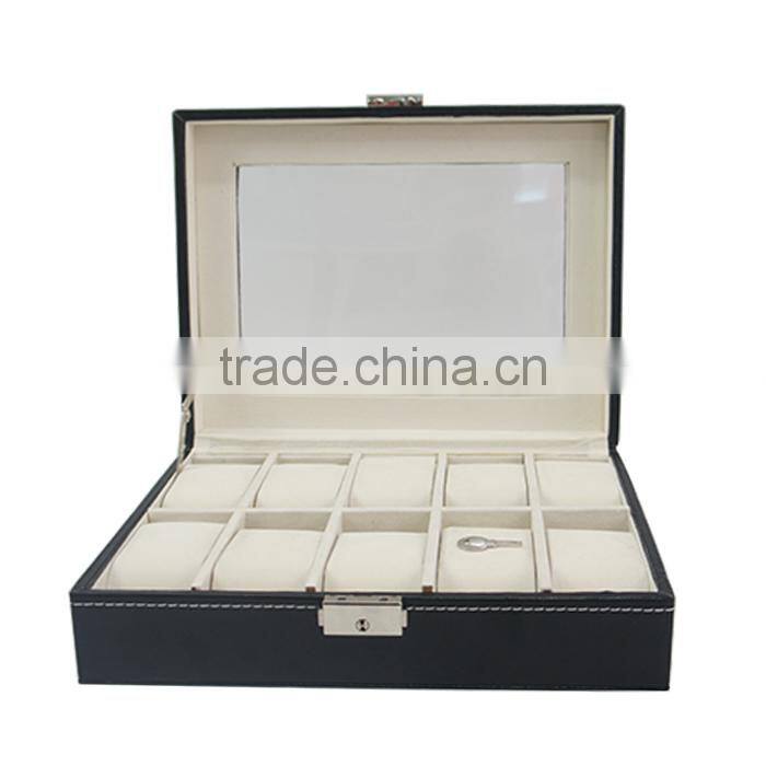Leather Watch Box Large 10 Mens Black Leather Display Top Jewelry Case Organizer