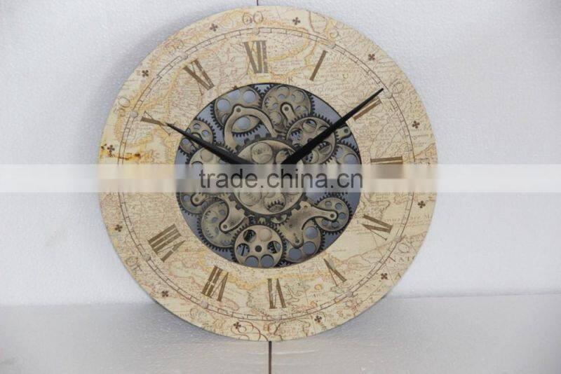 antique metal mirror clock with wheel gear decor