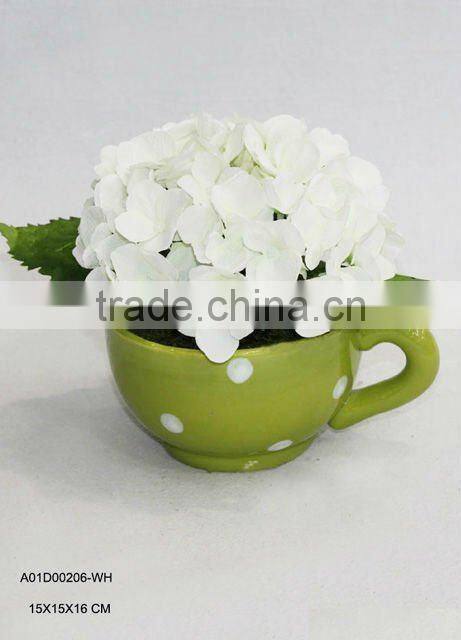 artificial white hydrangea in ceremic pot
