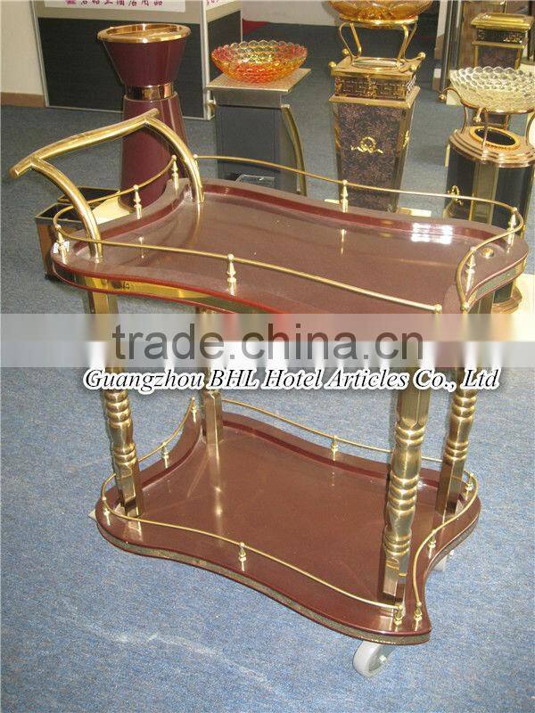 Guangzhou BHL Hotel Articles Roman Pillar Double-deck Golden hotel brass bar cart gold bar cart serving trolley