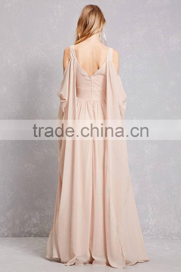 latest fashion design Blush V-cut neck and back Open-Shoulder Chiffon Gown