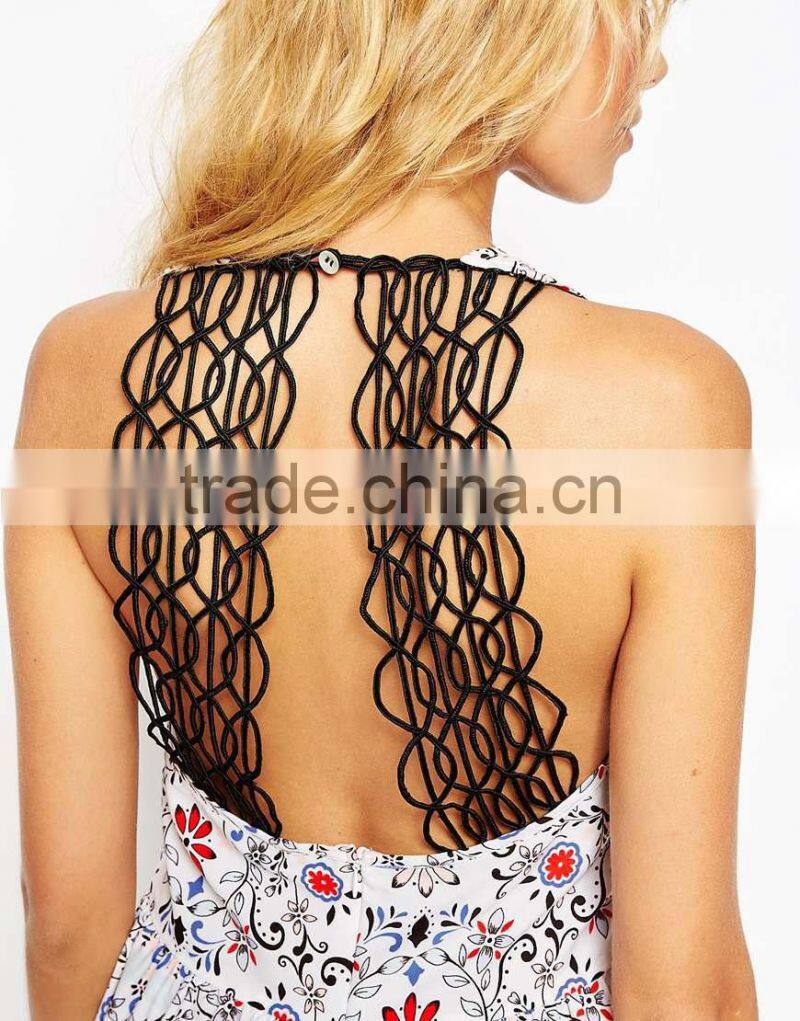 2015 fashionable hot sale OEM customized Lattice Back Woodblock Print Beach Romper