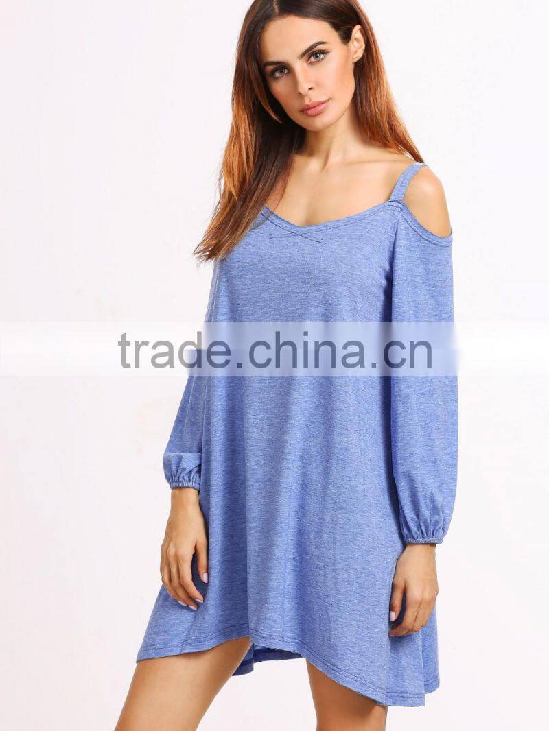 Blue Off The Shoulder Lantern Sleeve Swing Dress, Rayon dresses