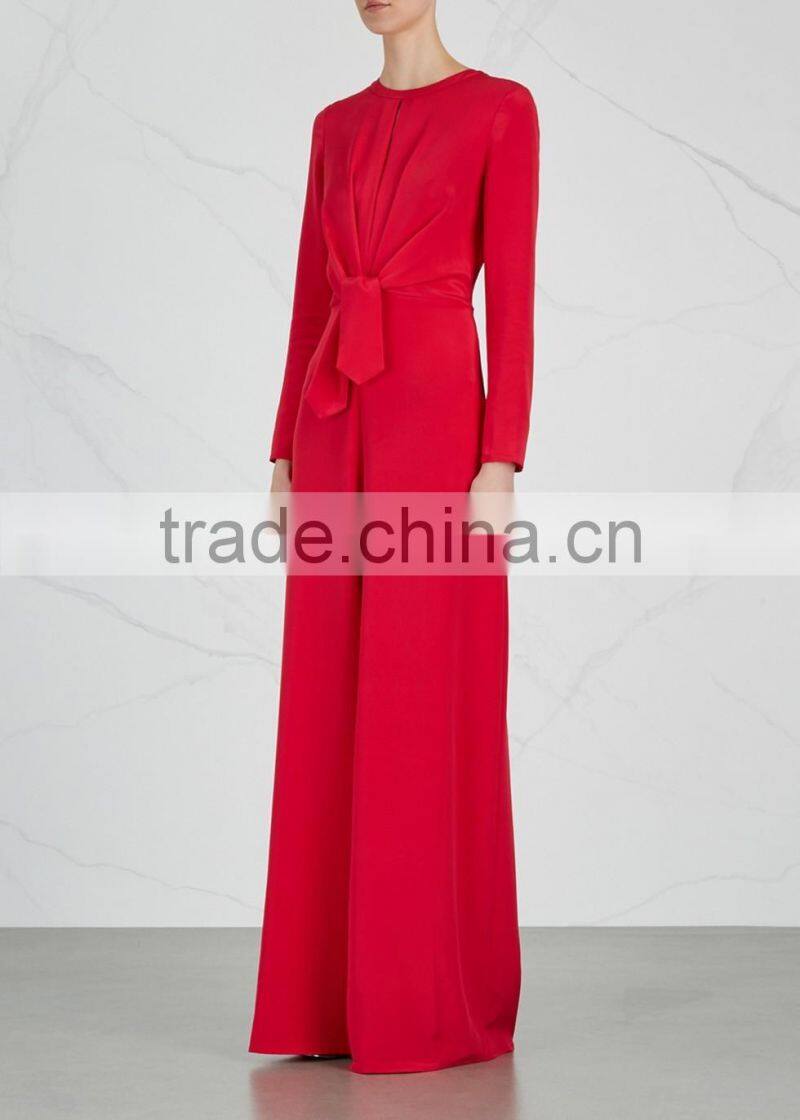 Wholesale Women Apparel Red Stretch Silk Tie-front Wid-leg Jumpsuit(DQE0137J)