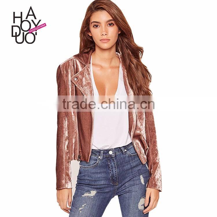 HAODUOYI Autumn Women Coat Solid Zipper Pocket Long Sleeve Biker Jacket