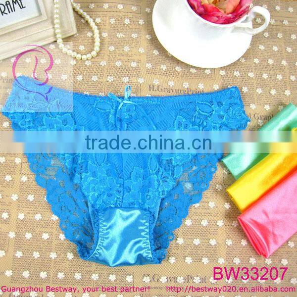 Front full transparent lace fabric back shiny satin panties with lace