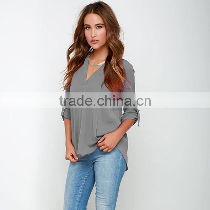 Maxnegio flower print V neck long sleeve with tab woman blouse ladies crop top