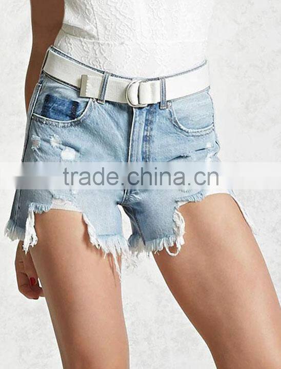 Latest design raw hem short denim jeans pants for women fashion ripped shorts with eyelets