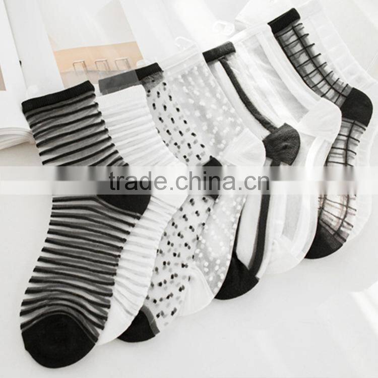 WS-46 Women Summer Novelty Transparent grid socks Glass Crystal Silk Cool Mesh Knit Sheer soks