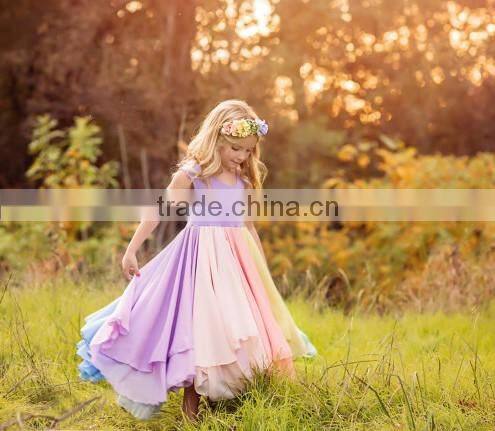 Rainbow Baby Girls Gown Multi-layer Maxi Mommy And Me Long Dress Chiffon New Style