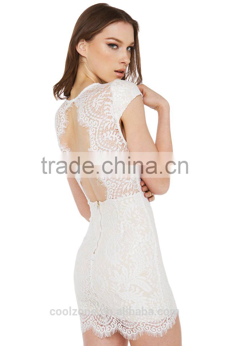Sexy v neck cap sleeve cap lace dress for lady