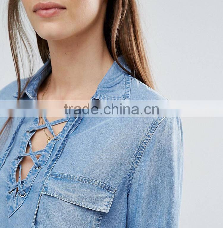 Fashion wholesale women long ladies demin cowboy shirt for wholesale