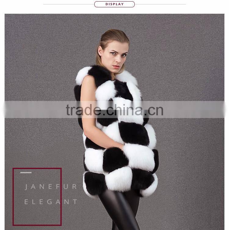 Beautiful black white color fur hand sewing long fur vest women real fox fur gillets