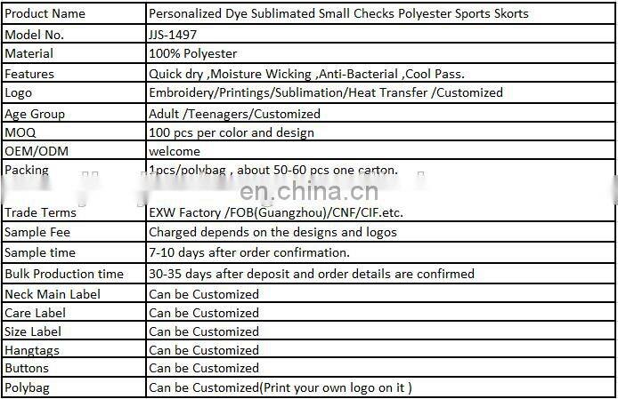 Personalized Dye Sublimated Small Checks Polyester Sports Skorts