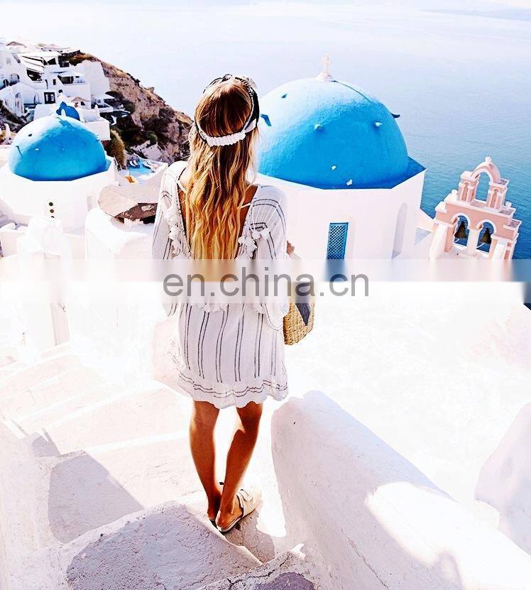 New Cotton Tassel Beach Cover up Tunics for Beach 2019 Women Swimsuit Cover up Swimwear Striped Pareo Beach Dress Beachwear